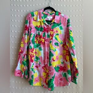 Charter Club Linen 100% Linen Floral Pink Long Sleeve Button Uo Sz‎ 1X